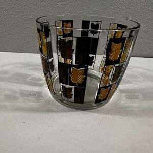Vintage MCM Glass Ice Bucket With Geometric Black and Gold Design Barware